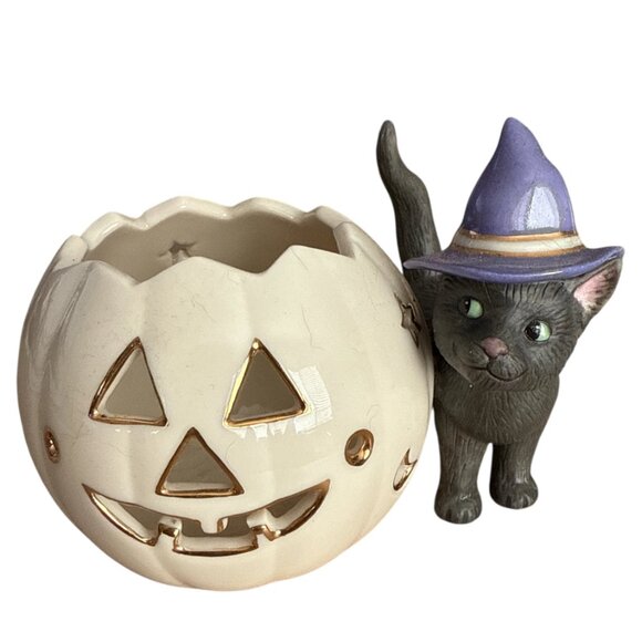 Lenox Halloween Cat Votive Pumpkin Candle Holder Witch Hat Gold Accent - Picture 2 of 8